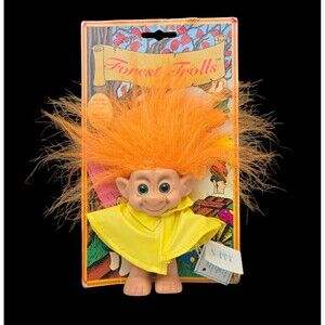 Vintage Magic Forest Trolls Doll Raincoat Orange Hair Secret Magic Chant Tag 4"